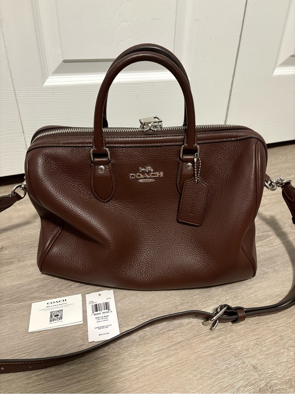 COACH Rowan Large Pebbled Leather Satchel bag - color: maple